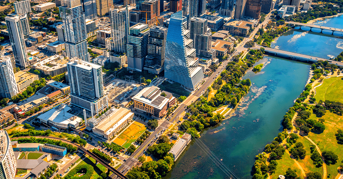 An Aerial View of the Austin, TX Skyline Representing the T3 Tech Summit AI Workshop