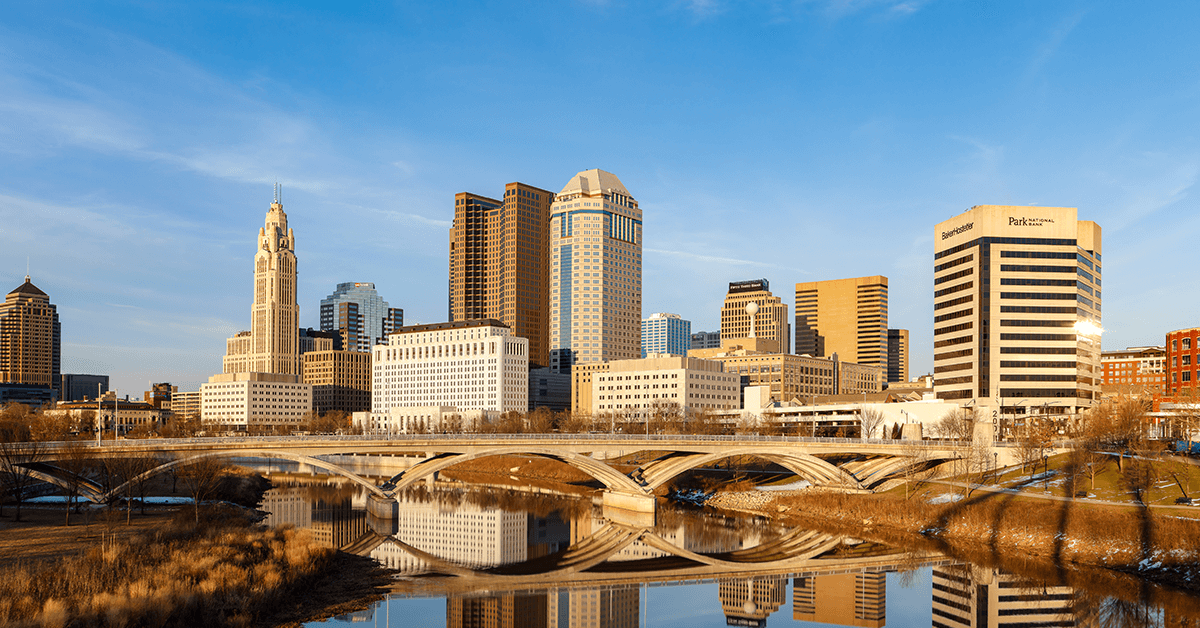 The Downtown Columbus, OH Skyline from the Scioto River in Winter Representing GAD Institute