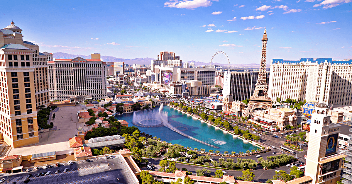 The Strip in Las Vegas, NV with Fountain, Hotels, Casinos Representing the C5 + CCIM Global Summit