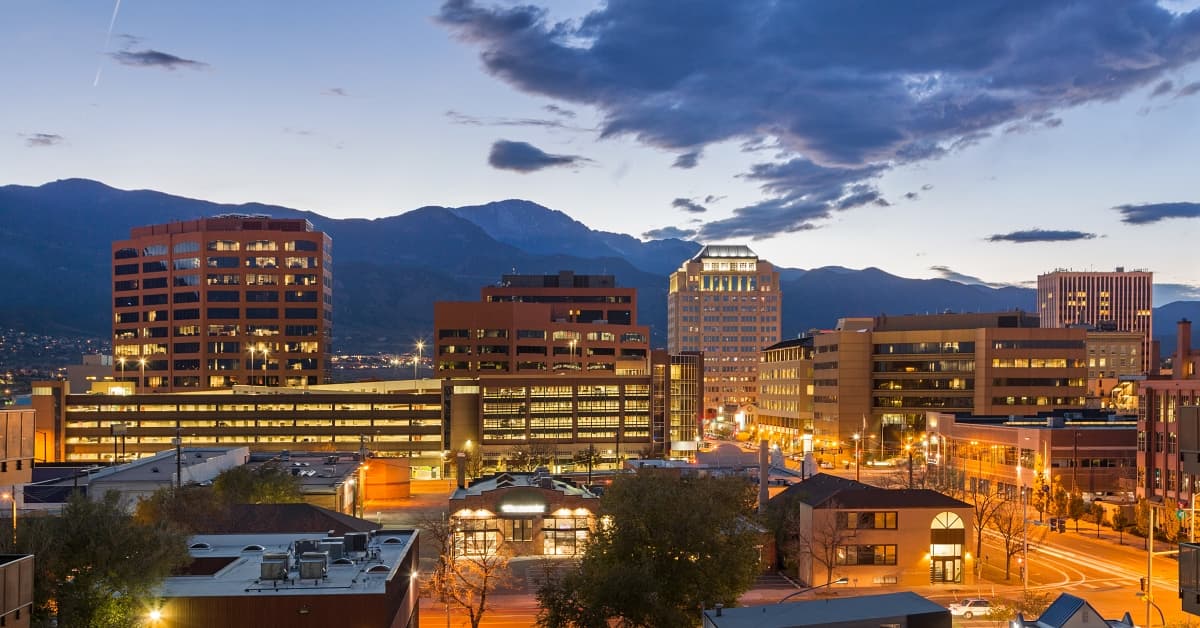 Downtown Colorado Springs with Pikes Peak in background