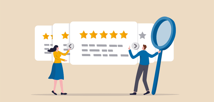 Vector image of two team members excavating and analyzing online customer feedback