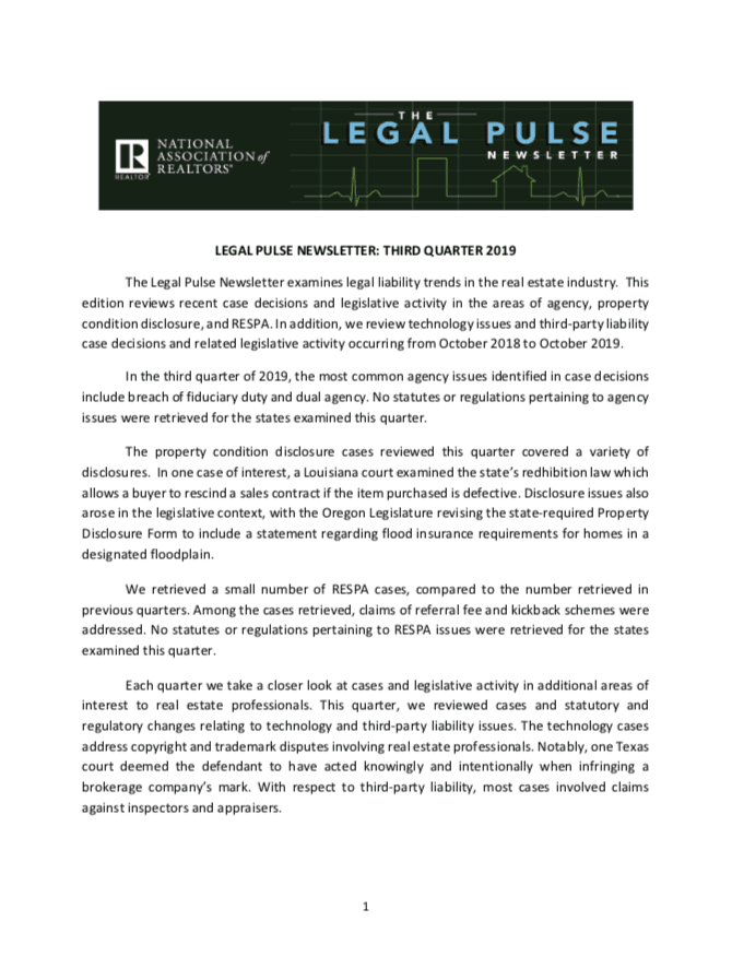 3Q 2019: Agency, PCD, RESPA, and Third Party Liability