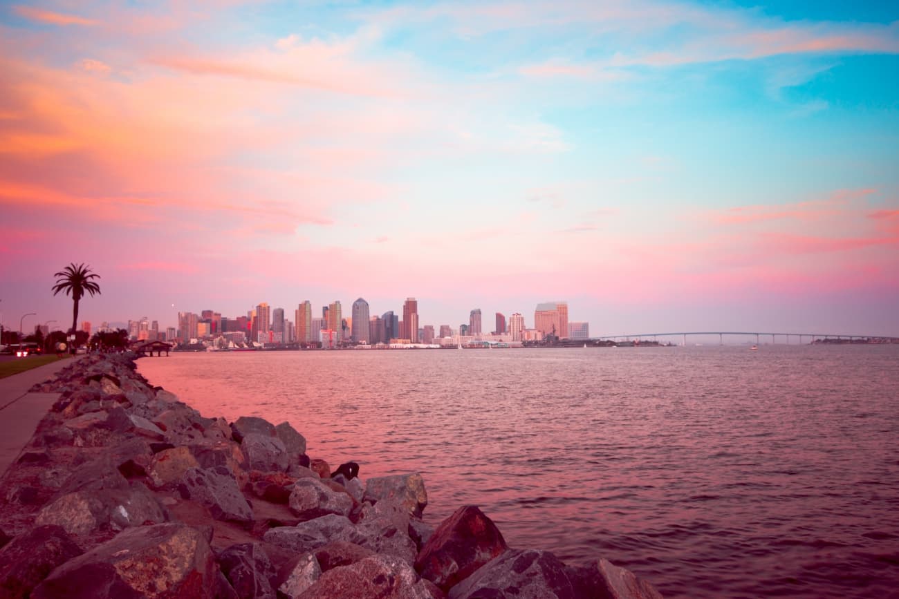San Diego California skyline and bay at dusk