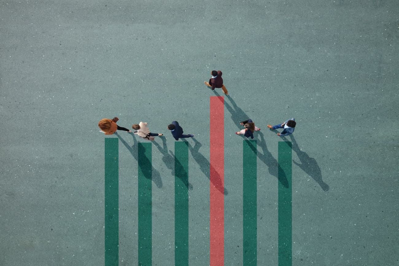 Group of young adults, photographed from above, on various painted tarmac surface, at sunrise.