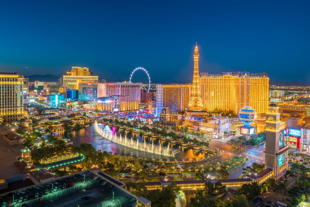 Aerial view of Las Vegas at night for the 2023 ICSC