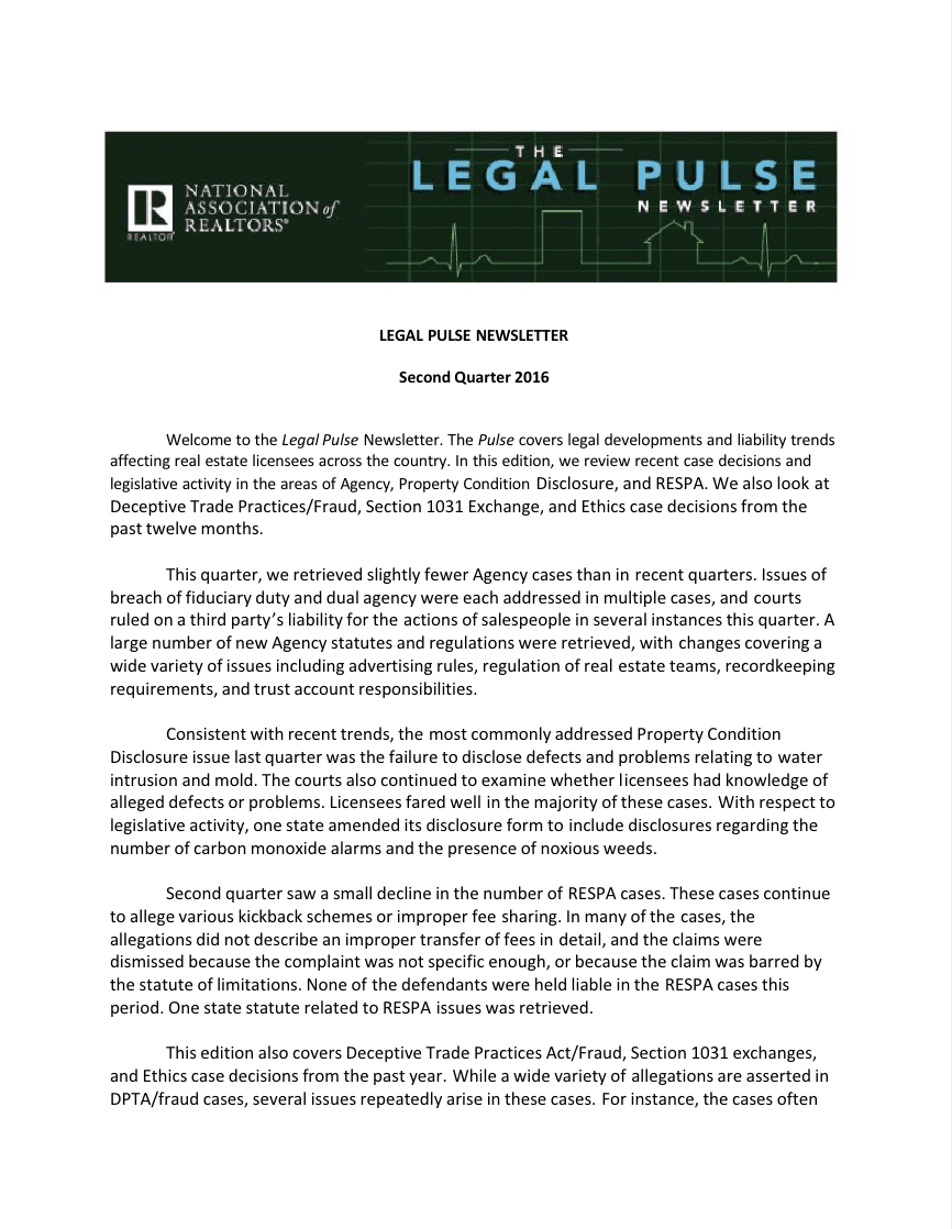 Q2 2016: Agency, PCD, RESPA, DPTA/Fraud, Section 1031 E