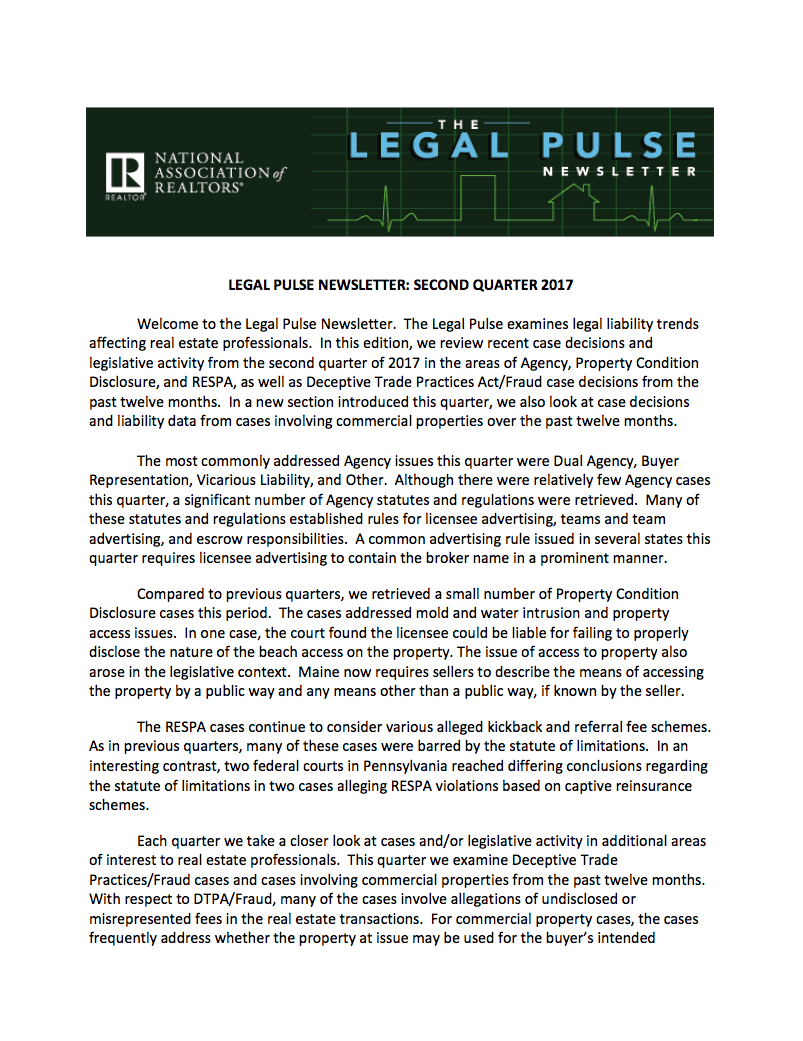 2Q 2017: Agency, PCD, RESPA, Deceptive Trade Practices/Fraud, Commercial Property Issues