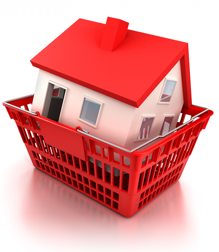 Illustration of a red-roofed white house in a shopping basket Illustration of a red-roofed white house in a shopping basket