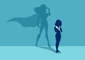 illustration of business woman leader with superhero shadow, member champion