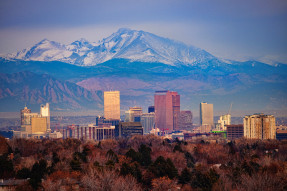 Denver cityscape with Mount Meeker and Longs Peak