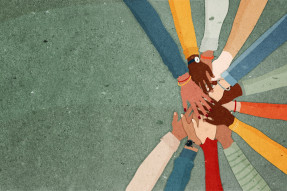 Group of arms and hands in a circle of diverse people, diversity committee
