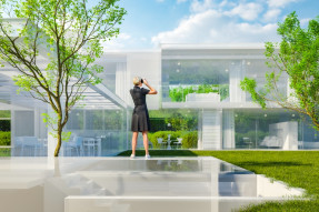 Woman viewing a projection of a modern home using virtual reality