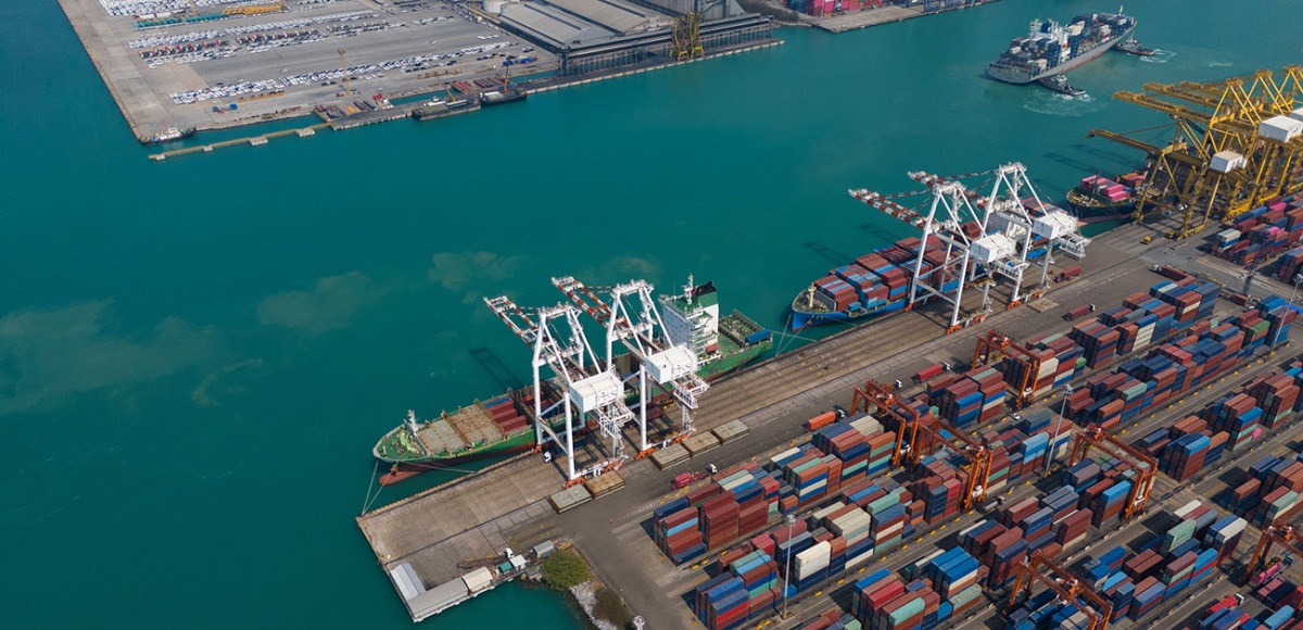 Aerial view over industrial cargo port