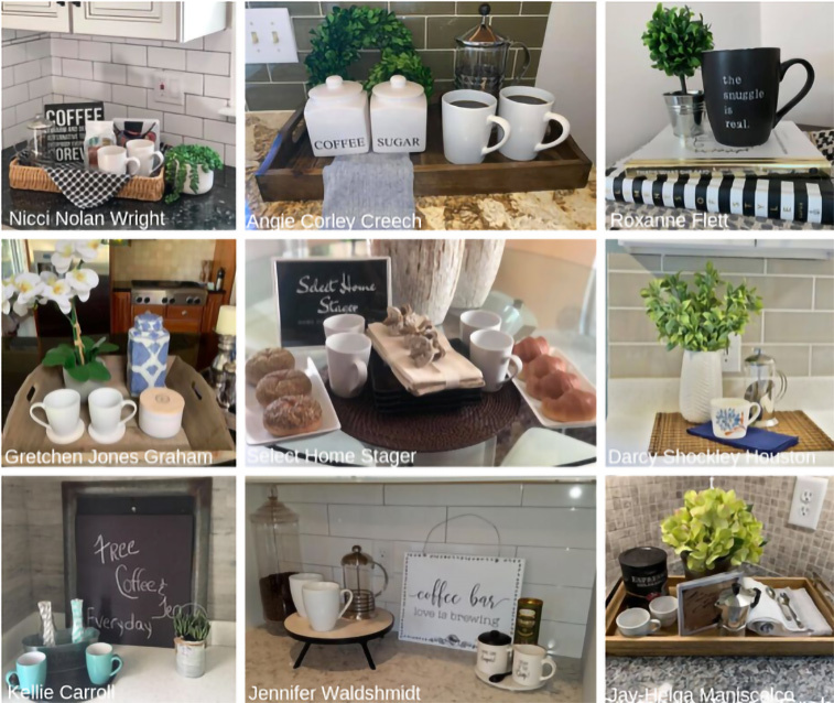 A collage of different kitchen coffee serving displays for staging in winter