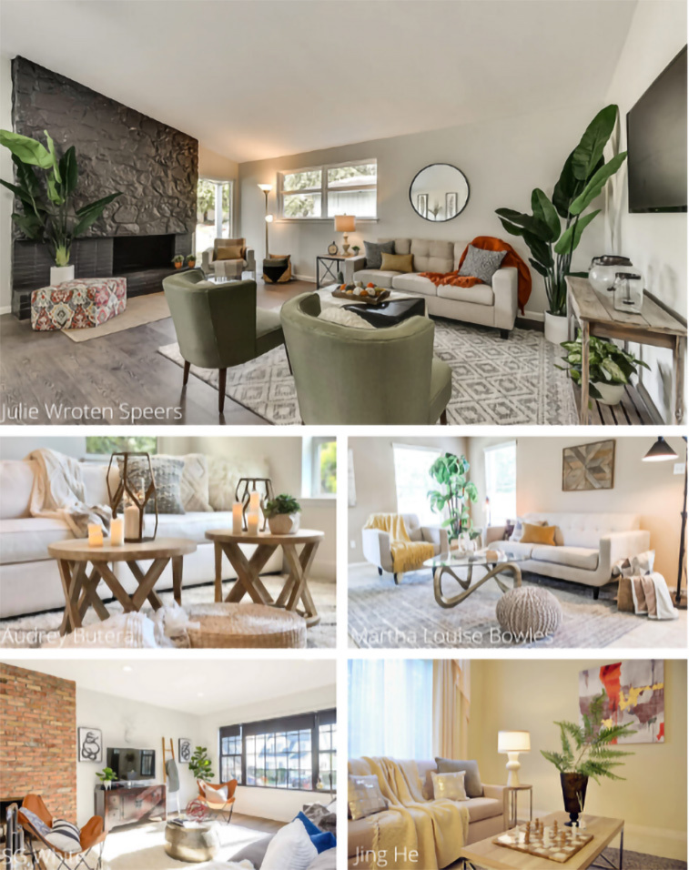 A collage of different living rooms for winter staging