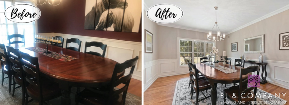 Before and after of dining room staged by Patti Stern