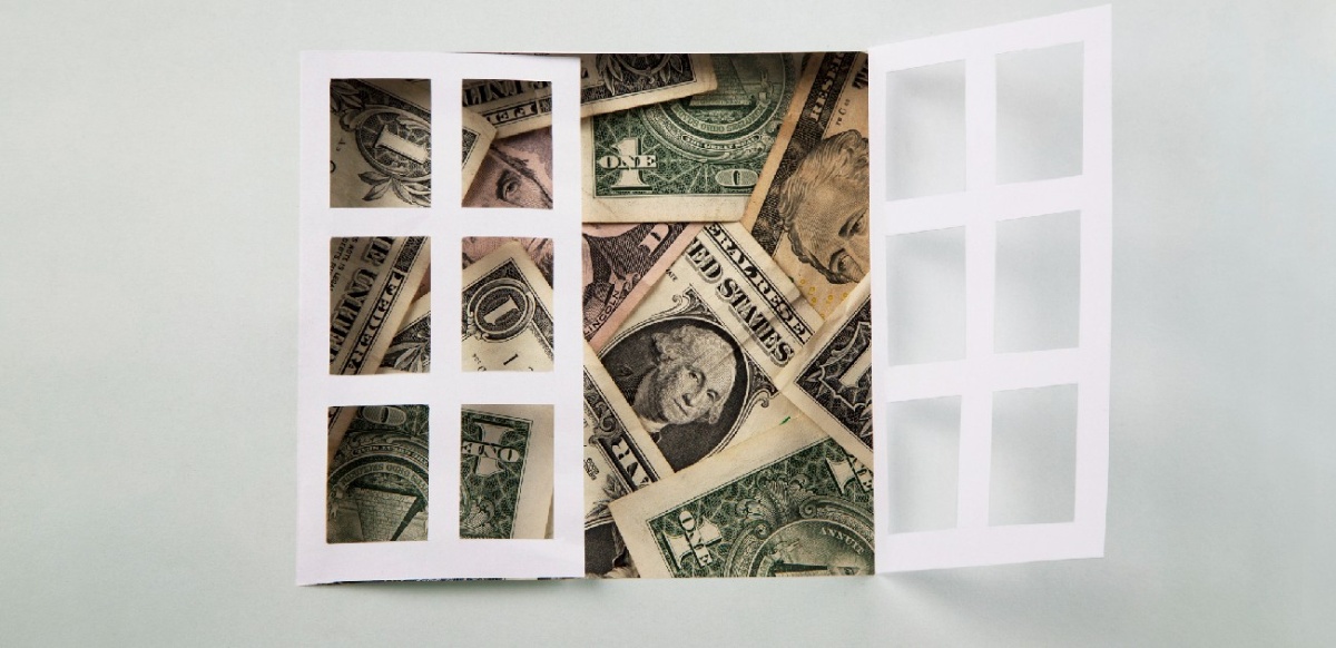 Dollar bills behind an illustrated window.