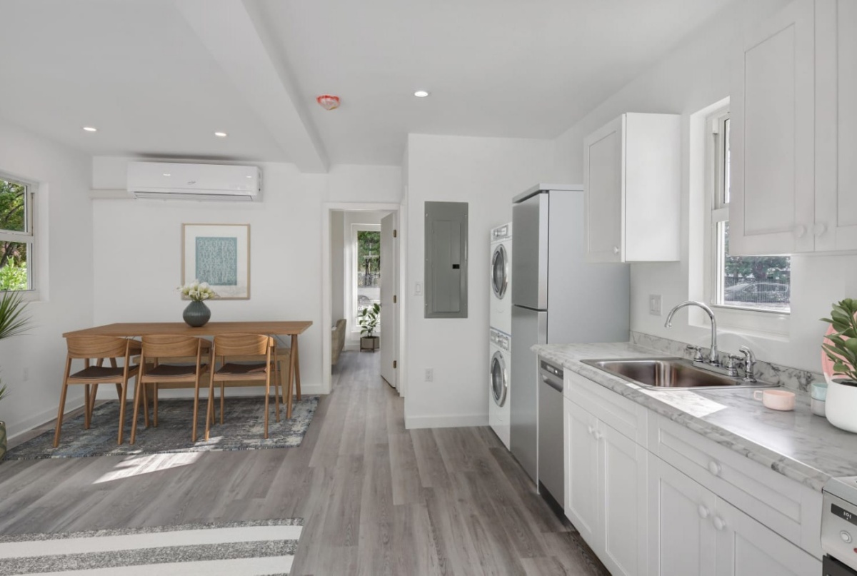 Interior of shipping container kitchen view, converted into affordable housing, South Miami