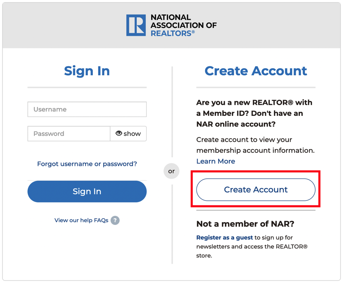 Create an account button on nar.realtor Create an account button on nar.realtor