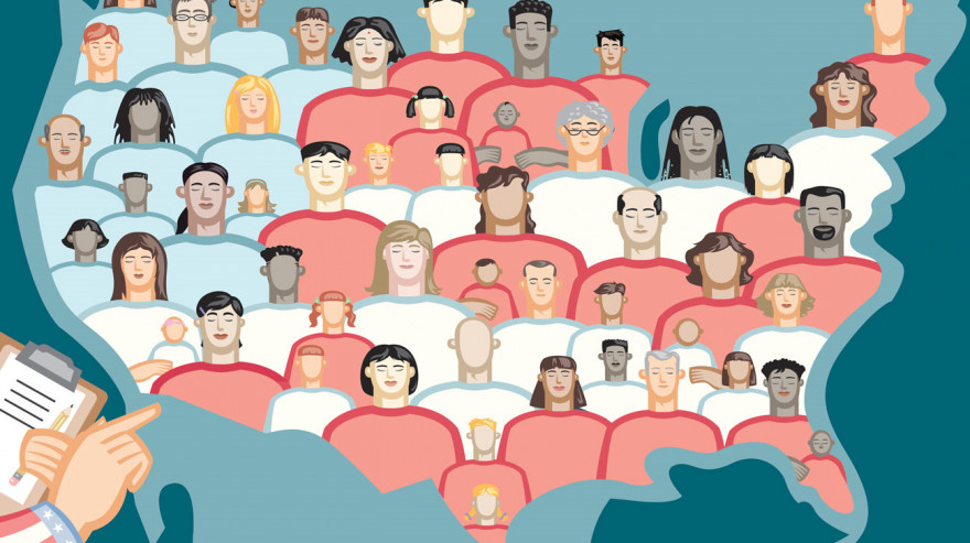 Vector illustration of the U.S. Census. A hand has a clipboard and is counting the many unique cultural faces of America. Vector illustration of the U.S. Census. A hand has a clipboard and is counting the many unique cultural faces of America.