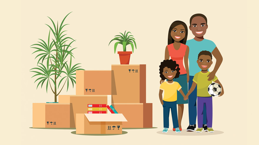 Illustration: Family with children and moving boxes Illustration: Family with children and moving boxes