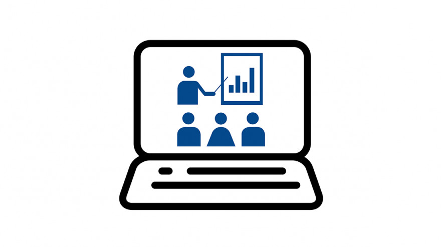 Line drawing of a laptop with a teacher and students on the screen Line drawing of a laptop with a teacher and students on the screen