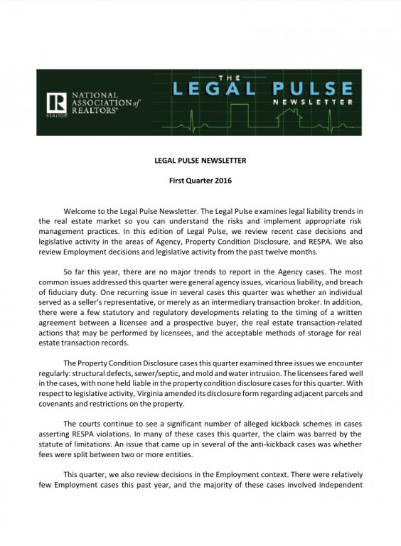 Cover of the 2016 Q1 issue of Legal Pulse: Agency, PCD, RESPA, Employment