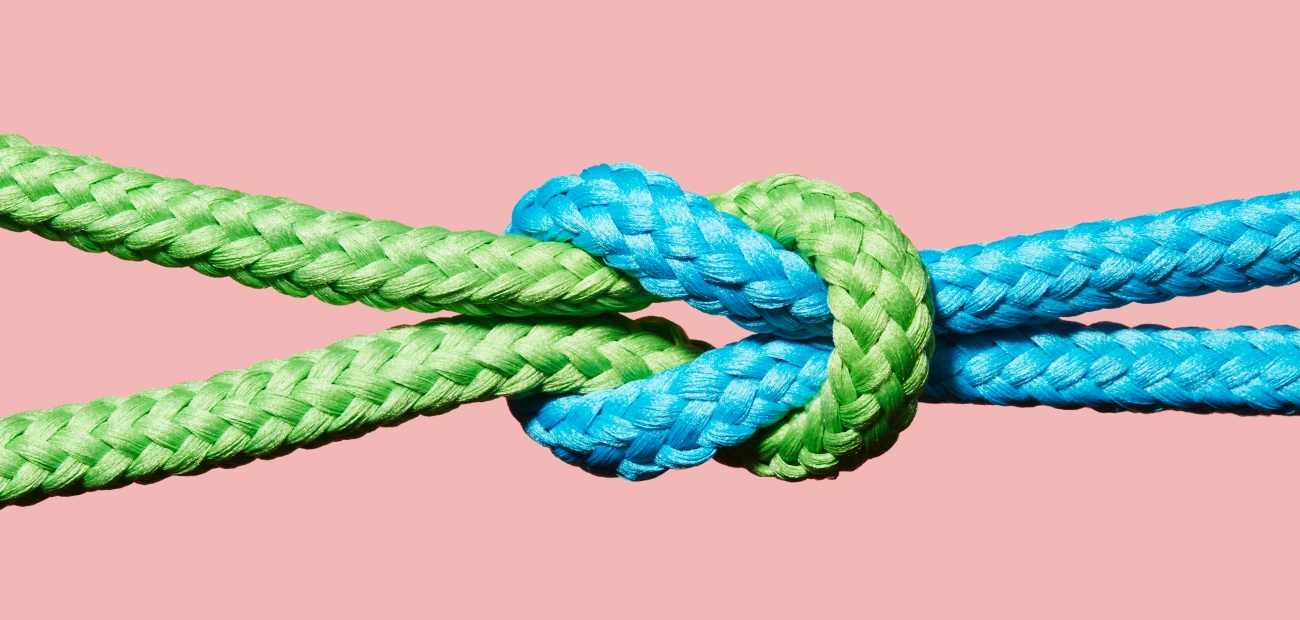 Two colored ropes knotted together on pink background
