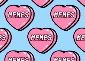 Hearts on blue background with the word "Memes" inside them