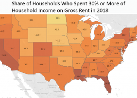 Map: Share of Households Who Spend 30% or More of Household Income on Gross Rent in 2018 Map: Share of Households Who Spend 30% or More of Household Income on Gross Rent in 2018