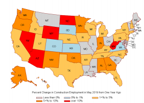 Map: Percent Change in Construction Employment in May 2019 From One Year Ago