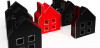 An illustration of five 3D house icons, one red in the center, while the other four are black.