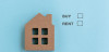 A picture of a house miniature on a light blue background with "Buy" and "Rent" written and checkmarks next to each.