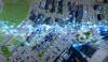 Aerial view of modern town with 5G communication tech network