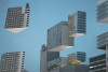 Building blocks levitating in the city like a 3D puzzle