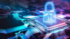 Cybersecurity padlock hologram on electronic circuit